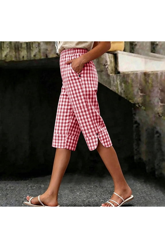 Womens Capri Pants Gingham Elastic Waist with Side Slit Casual Wide Leg Solid Color Cropped Trousers