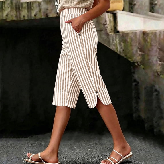 Sokhug Womens Capri Pants Striped Elastic Waist with Side Slit Casual Wide Leg Solid Color Cropped Trousers