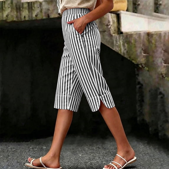 Sokhug Womens Capri Pants Striped Elastic Waist with Side Slit Casual Wide Leg Solid Color Cropped Trousers