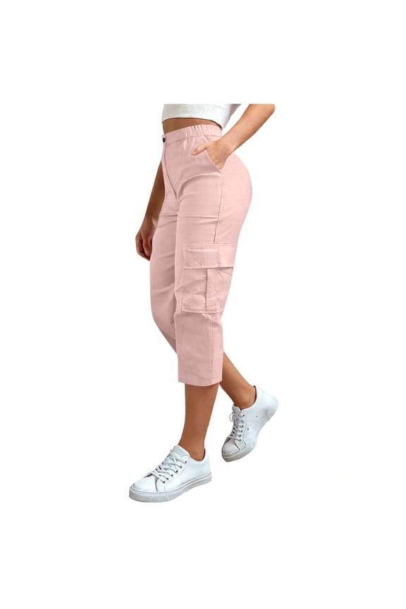 Womens Cargo Capris with Elastic Waistband Casual Twill Capri Pants Relaxed Fit Utility Knee Length Trousers for Outdoor
