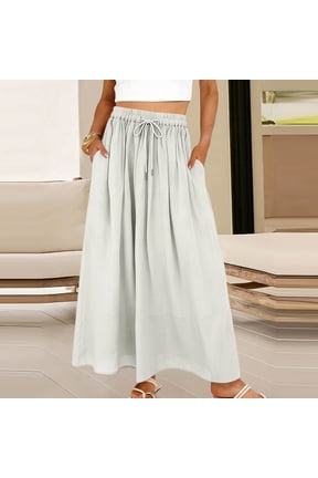 Womens Cotton Blend Maxi Skirt High Waist Drawstring Elastic Waistband Flowy A Line Casual Dresses