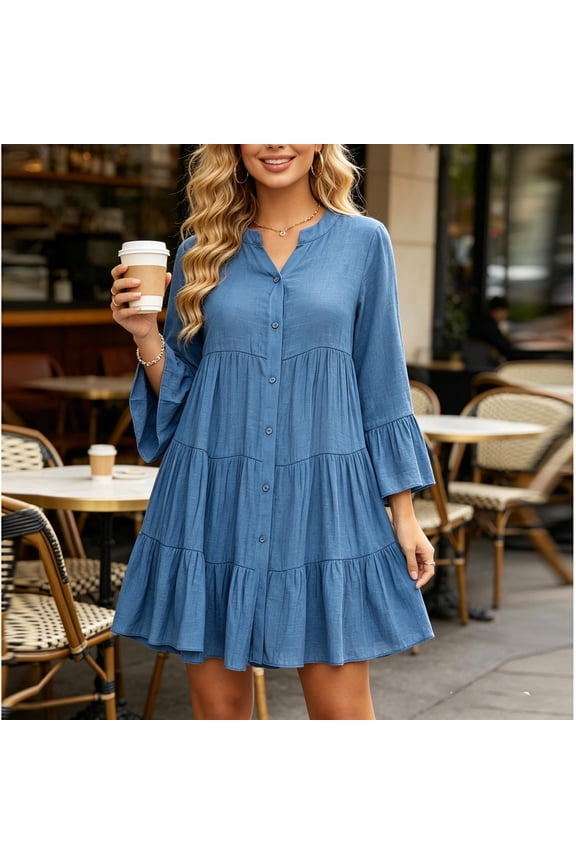Womens Cotton Blend Mini Dresses Sleeve Tiered Button Down Shirt Dress Notched V Neck Ruffle Cuffs Casual Outdoor Dress