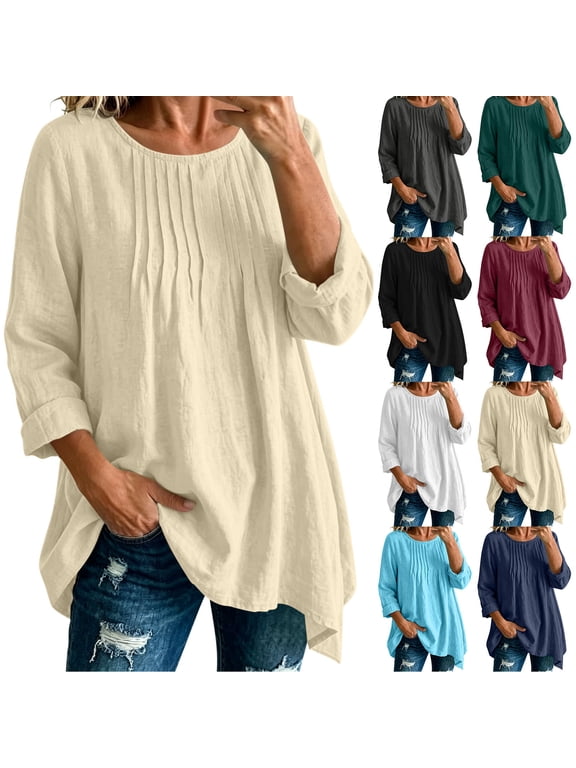 Womens Cotton Linen Round Neck Pleated Tunic Tops 3/4 Roll‑Up Sleeve Casual Solid Color Loose Western Style Top Shirt with Pockets