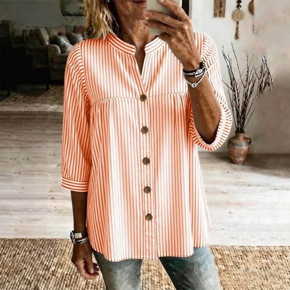 Sokhug Womens Cotton Linen Striped 3/4 Sleeve Stand Collar Button Down Breathable Casual Daily Tunic Blouse Tops