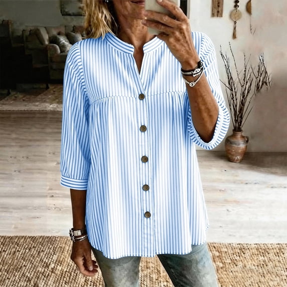 Sokhug Womens Cotton Linen Striped 3/4 Sleeve Stand Collar Button Down Breathable Casual Daily Tunic Blouse Tops