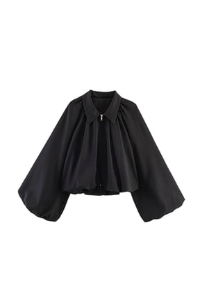 Womens Cropped Blouse Jacket Long Puff Sleeve Collared Half Zip Pleated Design Lightweight Loose Fit Daily Soft Casual Tops