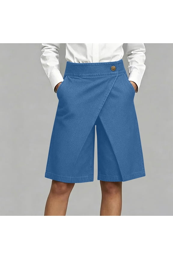 Womens Denim Skort Wrap Front High Waisted Bermuda Shorts with Pockets Casual Culotte Shorts