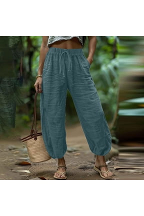 Womens Drawstring Elastic Waist Harem Pants Lightweight Textured Cotton-Blend Loose Fit Casual Trousers with Side Pockets
