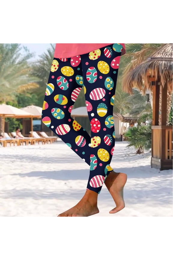 Womens Easter Bunny Print Leggings High Waist Stretchy Slim Fit Black Casual Yoga Pants with Side Bunny Graphic Design