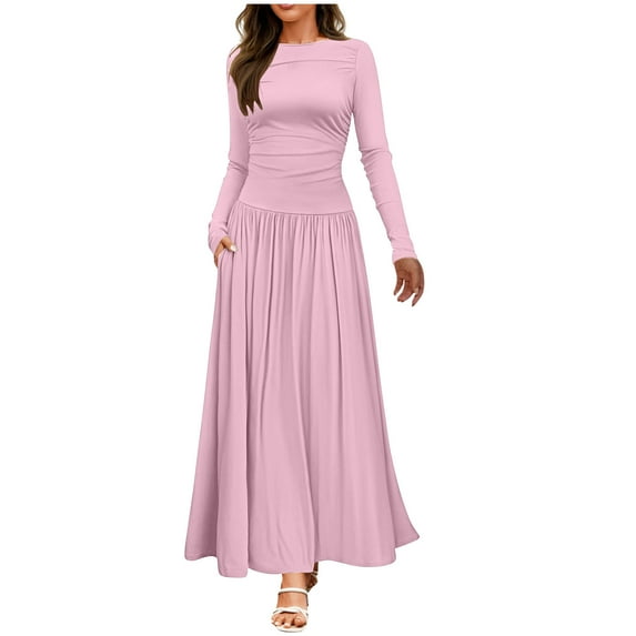 Sokhug Womens Fall Long Sleeve Crewneck Knit Maxi Dress Casual Slim Pleated Pocketed Trendy Dress
