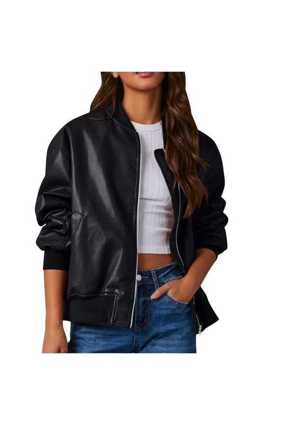 Womens Faux Leather Jacket Bomber Jacket Oversized Zipper Motorcycle Jacket, Black
