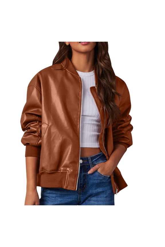 Womens Faux Leather Jacket Bomber Jacket Oversized Zipper Motorcycle Jacket, Brown