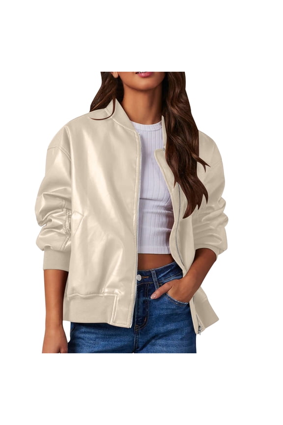 Womens Faux Leather Jacket Bomber Jacket Oversized Zipper Motorcycle Jacket, White