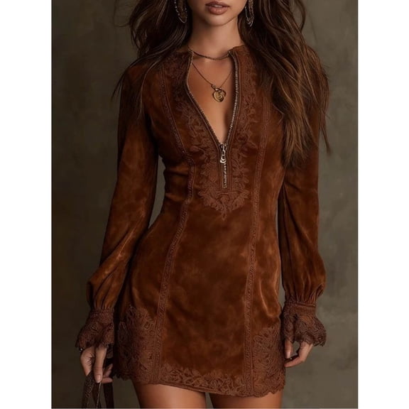Sokhug Womens Faux Suede Western Dress Long Sleeve Lace Cuff Front Zipper Mini Cowgirl Dress