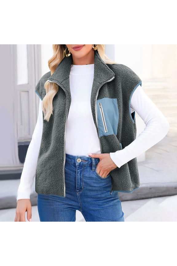 Womens Fleece Jacket Vest Sleeveless Fuzzy Sherpa Jackets Zip Up Oversized Casual Coats Fall Winter Womens Tops