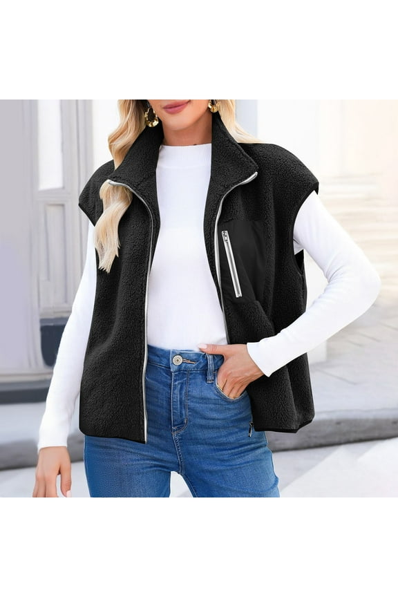 Womens Fleece Jacket Vest Sleeveless Fuzzy Sherpa Jackets Zip Up Oversized Casual Coats Fall Winter Womens Tops
