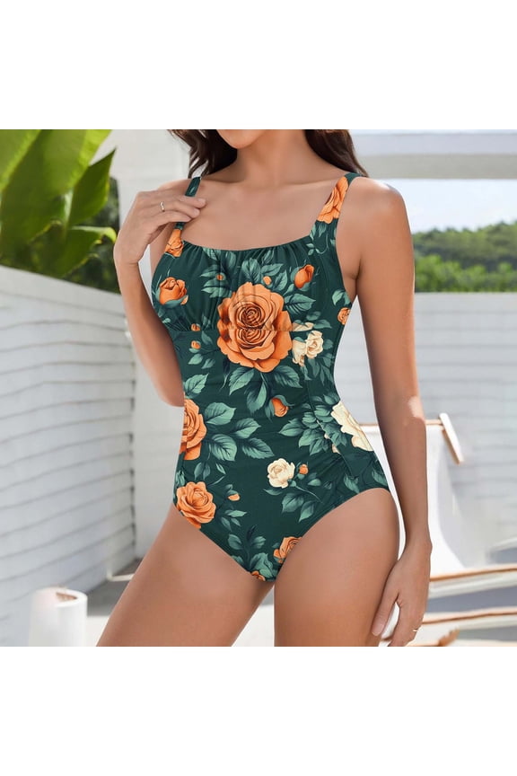 Womens Floral Print Wide Strap One Piece Bikini Swimsuit Comfortable Bathing Suit for Women