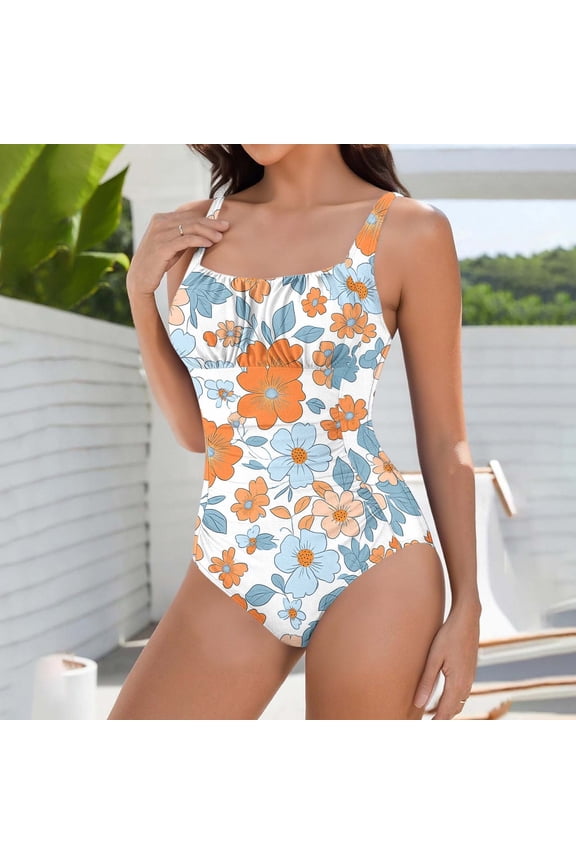 Womens Floral Print Wide Strap One Piece Bikini Swimsuit Comfortable Bathing Suit for Women