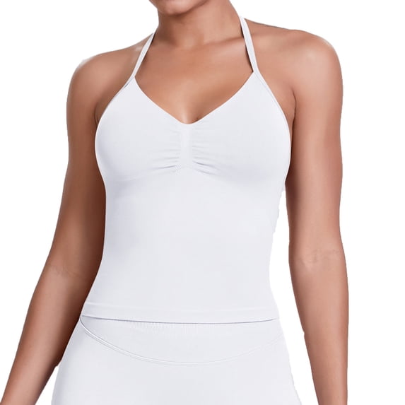 Sokhug Womens Halter Tank Tops Longline Strappy Top with Built-in Bra V Neck Backless Gym Workout Camis with Adjustable Strap