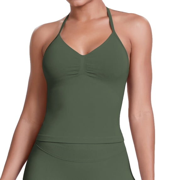 Sokhug Womens Halter Tank Tops Longline Strappy Top with Built-in Bra V Neck Backless Gym Workout Camis with Adjustable Strap