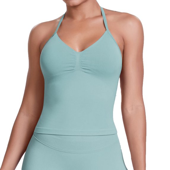 Sokhug Womens Halter Tank Tops Longline Strappy Top with Built-in Bra V Neck Backless Gym Workout Camis with Adjustable Strap