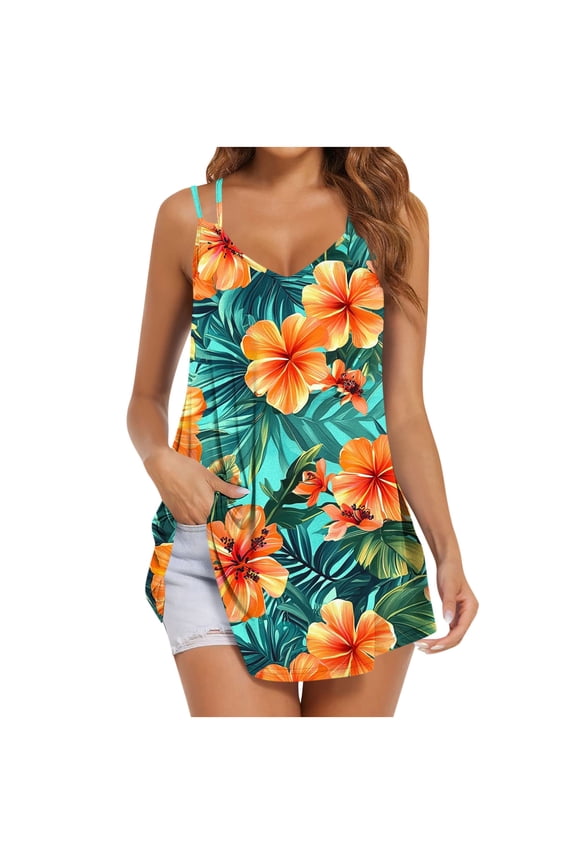 Womens Hawaiian Floral Print Tank Tops Double Spaghetti Strap V Neck Flowy Casual Summer Tunic