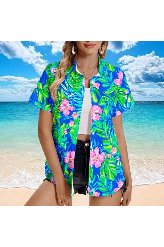 Womens Hawaiian Shirt Hawaii Button Down Shirts Palm Floral Tropical Vacation Outfits Casual Summer Trip Blouse Top