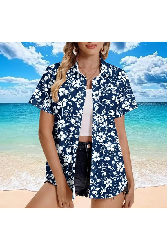 Womens Hawaiian Shirt Hawaii Button Down Shirts Palm Floral Tropical Vacation Outfits Casual Summer Trip Blouse Top