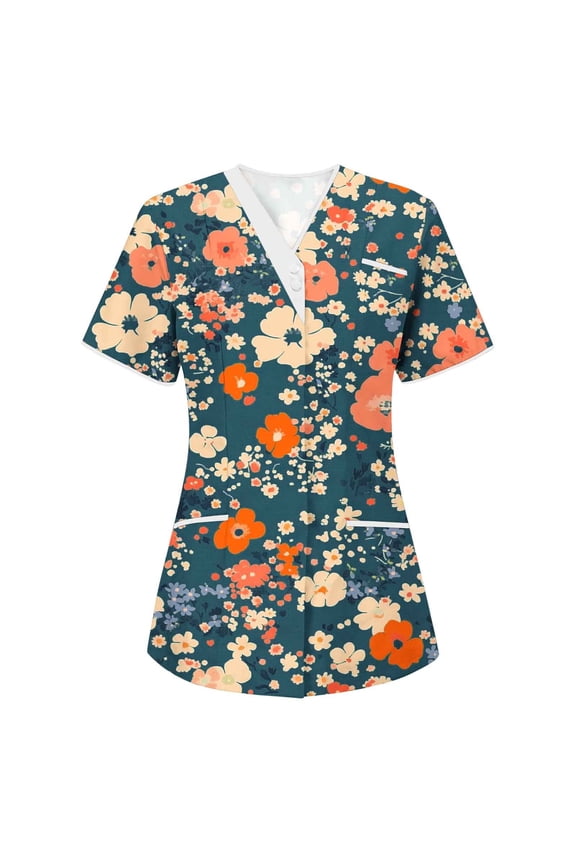 Womens Heart Printed Animals Nurse Uniforms Scrub Tops for Women, Short Sleeve Scrub V Neck Shirt with Pockets