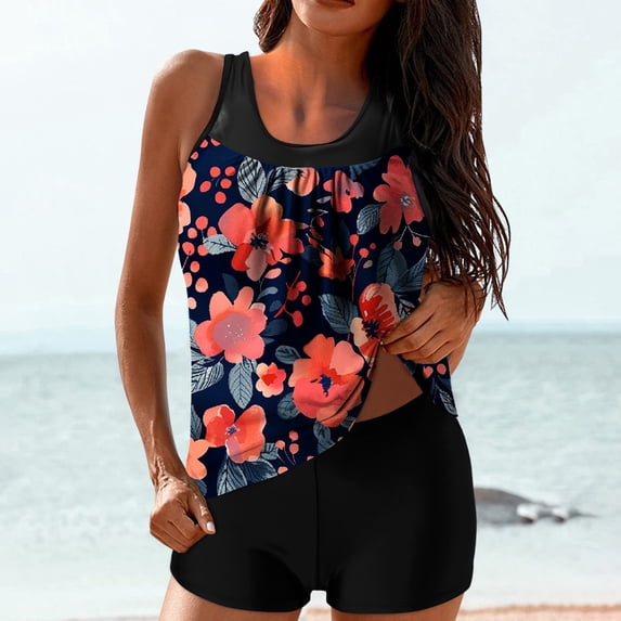 Sokhug Womens High Waisted Conservative Tankini Set Fashion Printed Two Piece Swimsuit with Built in Bra