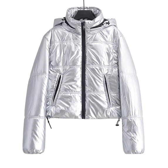 Sokhug Womens Hooded Cotton-Padded Jacket Winter Puffer Coat Solid Color Long Sleeved Crop Zip Up Jacket