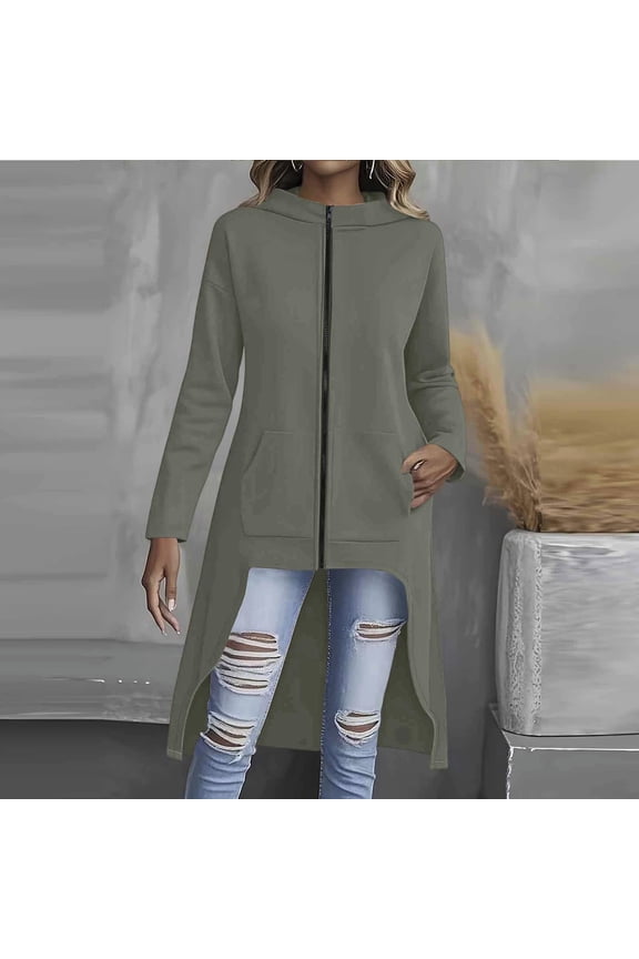 Womens Hooded Long Length Sweatshirt Coat Full Zip Loose Fit Slit Dual Side Pockets Soft Breathable Casual Outerwear Jacket