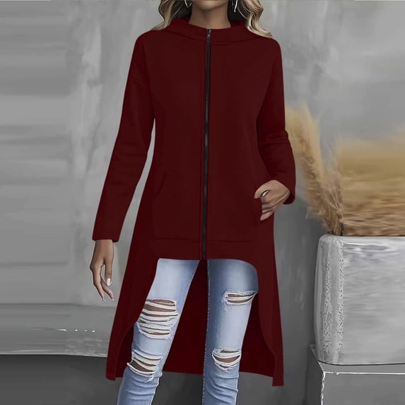 Sokhug Womens Hooded Long Length Sweatshirt Coat Full Zip Loose Fit Slit Dual Side Pockets Soft Breathable Casual Outerwear Jacket