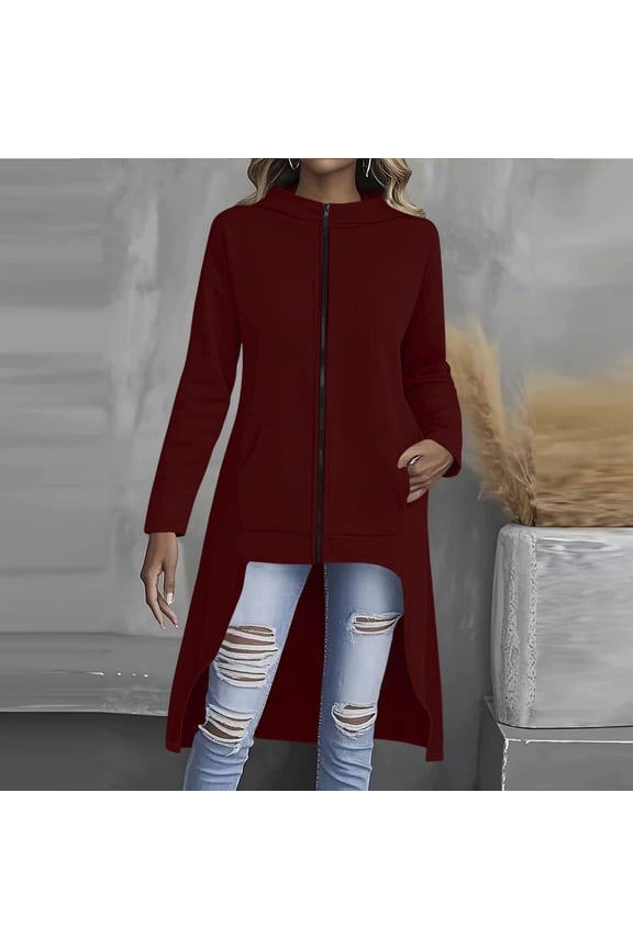 Womens Hooded Long Length Sweatshirt Coat Full Zip Loose Fit Slit Dual Side Pockets Soft Breathable Casual Outerwear Jacket