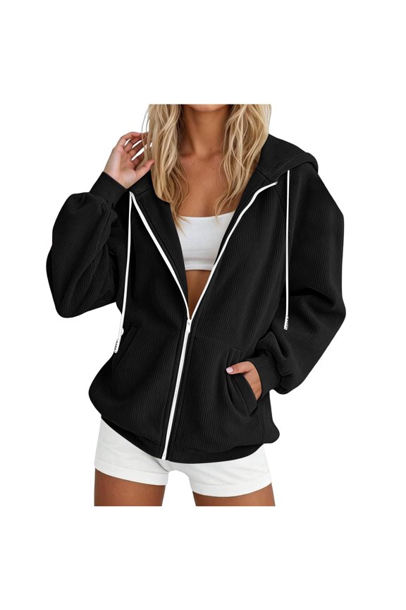 Womens Hooded Outerwear Full Zipper Knit Jacket Loose Fit Drawstring Hood Dual Kangaroo Pockets Casual Daily Sweatshirt Coat