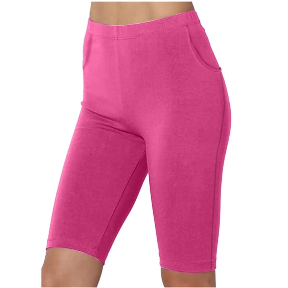 Sokhug Womens Knee Length Athletic Biker Shorts with Side Pockets Casual High Waist Workout Active Shorts Moisture Wicking Gym Running Lounge Bottoms