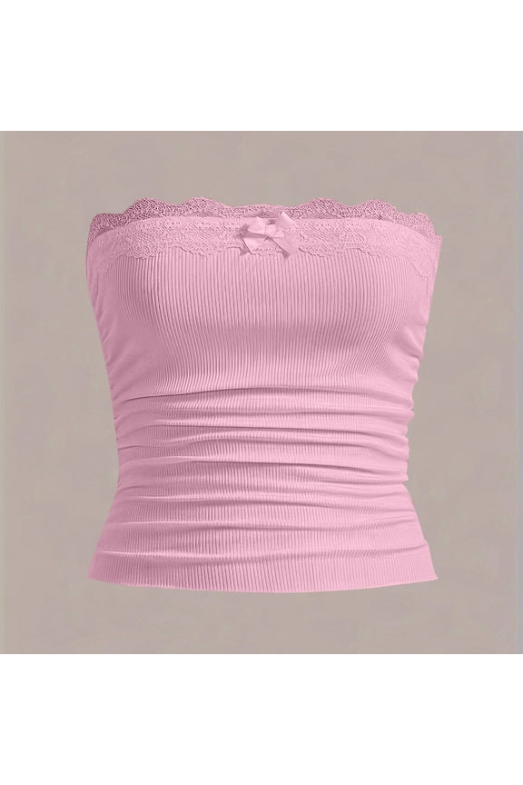 Womens Lace Patchwork One-Tone Hot Girl Strapless Tunic Trendy Casual Top