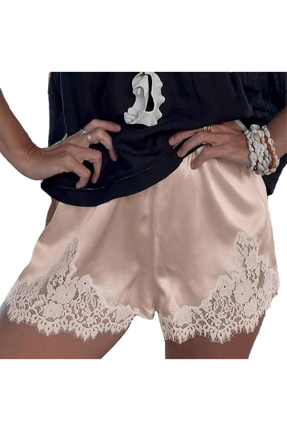Womens Lace Trim Satin Shorts Elastic Waist Lace Patchwork Silk French Knickers Coquette Pj Shorts Slip Bottoms