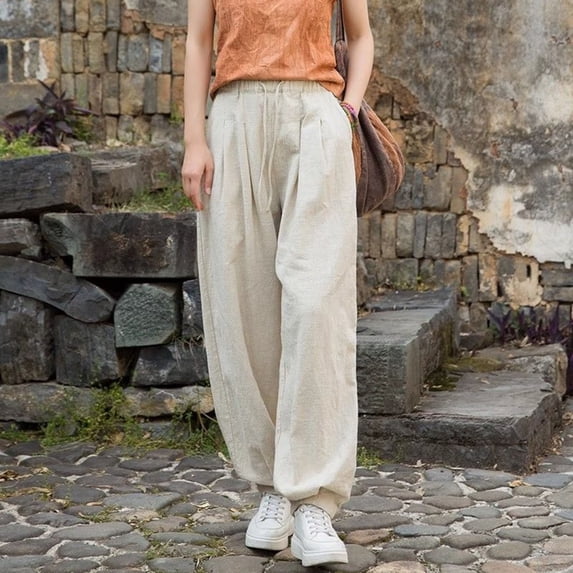 Sokhug Womens Lantern Pants Linen-Blend High Waisted Drawstring with Pockets Casual Elastic Waist Jogger Trousers