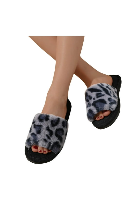 Womens Leopard Print Plush Slippers Fall Winter Home Cozy Warm Woolen Non-Slip Loungewear Slippers