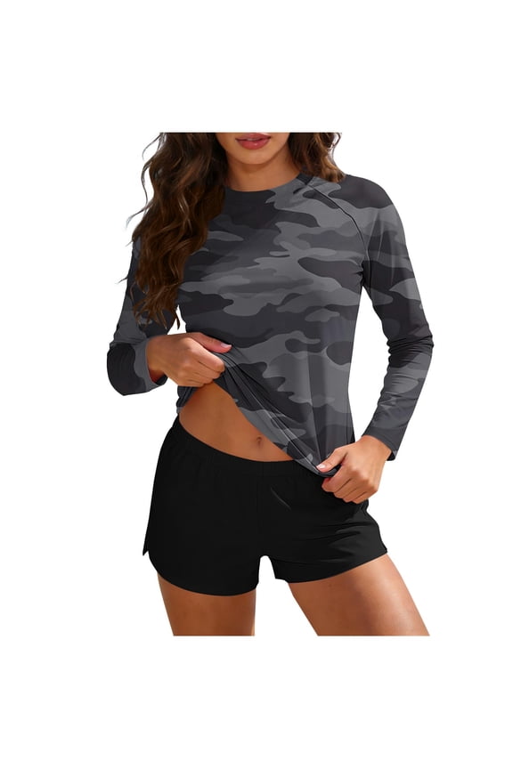 Womens Long Sleeve Rash Guard Two Piece Swimsuit Tropical Floral Print UPF 50+ Swim Shirt with Boyshorts