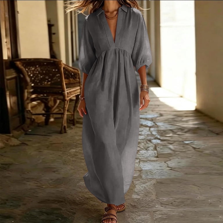 casual empire waist maxi dress Women Plus Size Wrap Maxi Dress Short Flutter Sleeves Empire Waist Split A  Line Boho Casual Dress