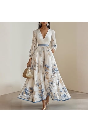 Womens Maxi Dress Long Sleeve V Neck Floral Print Pleated Elegant High Waist A-Line Formal Party Dress with Pockets