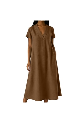 Womens Maxi Dress Short Sleeve V Neck Cotton Blend with Pockets Loose A Line Summer Casual Sundress