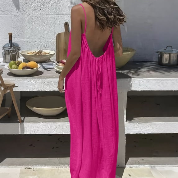 Sokhug Womens Maxi Dresses Spaghetti Strap Backless Drawstring Casual Loose Fit Solid Summer Beach Sundress