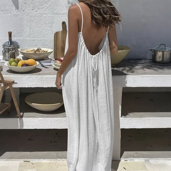 Sokhug Womens Maxi Dresses Spaghetti Strap Backless Drawstring Casual Loose Fit Solid Summer Beach Sundress