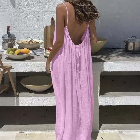 Sokhug Womens Maxi Dresses Spaghetti Strap Backless Drawstring Casual Loose Fit Solid Summer Beach Sundress
