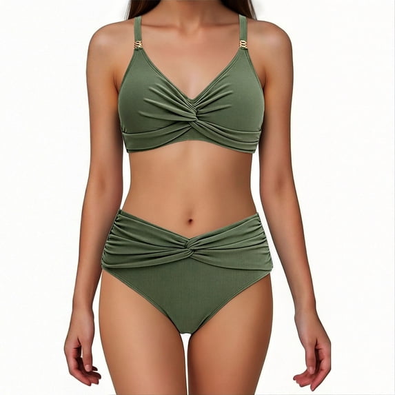 Sokhug Womens Nylon High Waisted Bikini Set Vest Style Tummy Control V Neck Twisted Front Swimsuit