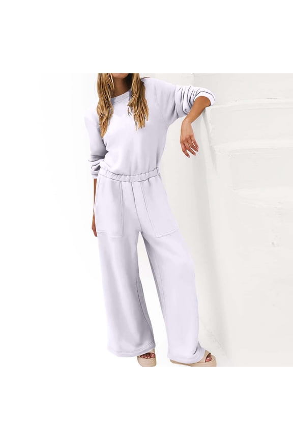 Womens One-Tone Crew Neck Elastic Waist Pocketed Loose Jumpsuit Fall Winter Cozy Casual Romper