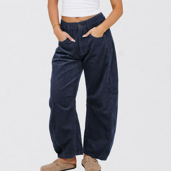 Sokhug Womens One-Tone High Waisted Pocketed Corduroy Pants Fall Winter Loose Straight Leg Casual Trousers